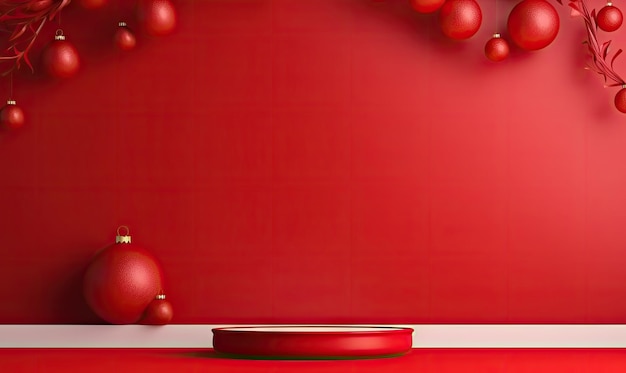 Bezaubernder Weihnachtsbaum mit bunten Ornamenten vor einem festlichen roten Hintergrund. KI-generativ