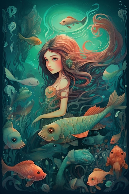 Bezauberndes Unterwasserabenteuer mit der niedlichen kleinen Meerjungfrau in digitaler Malerei im Comic-Stil