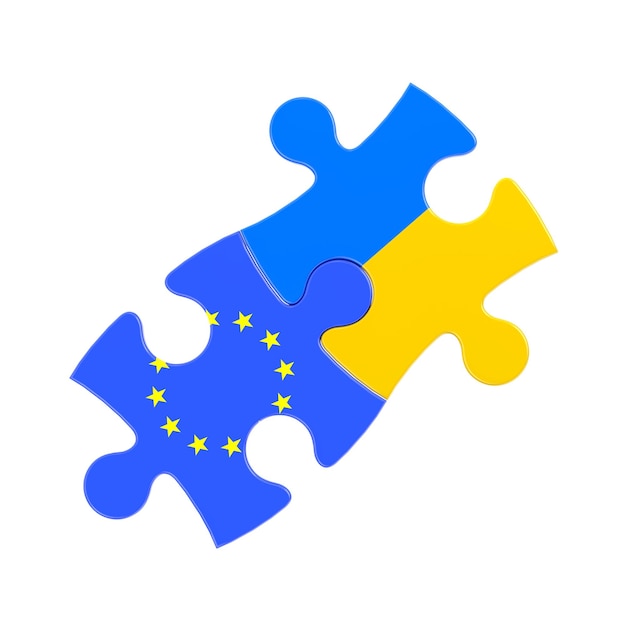 Foto beziehung zwischen der ukraine und der eg konzept flaggen der ukraine und der europäischen union puzzleteile auf weißem hintergrund 3d-rendering