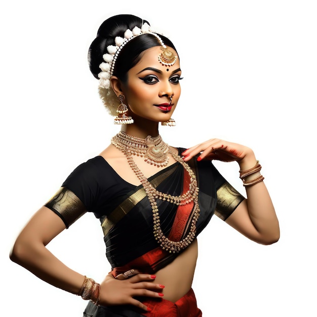 Bharatnatyam-Profilbild einer tamilischen Dame mit dunklem Teint und weißem Hintergrund