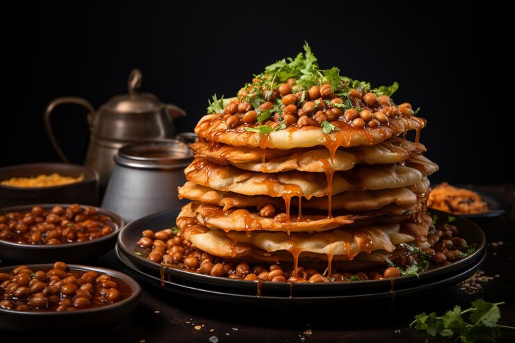 Bhature apilado en una pirámide junto a chole curry ga
