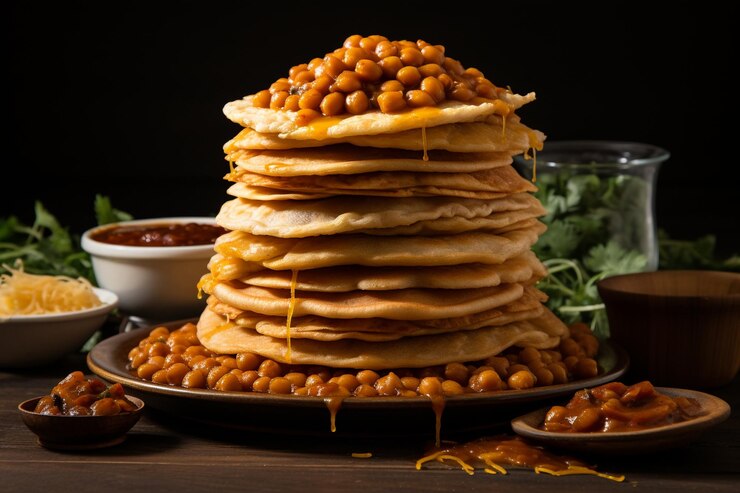 Bhature apilado en una pirámide junto a chole curry ga