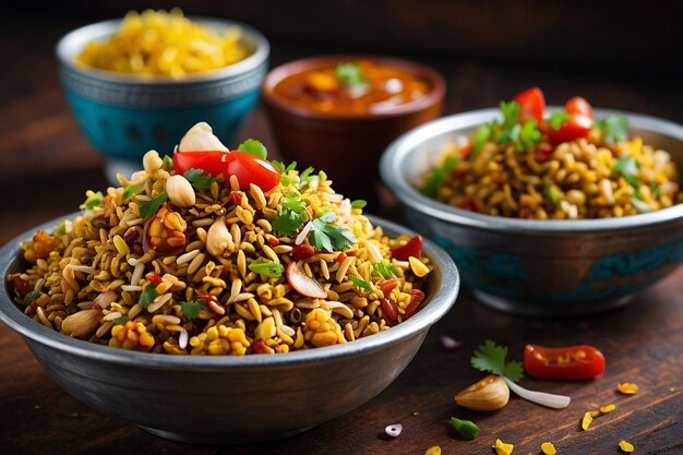 Foto bhel puri con salsa de tamarindo dulce