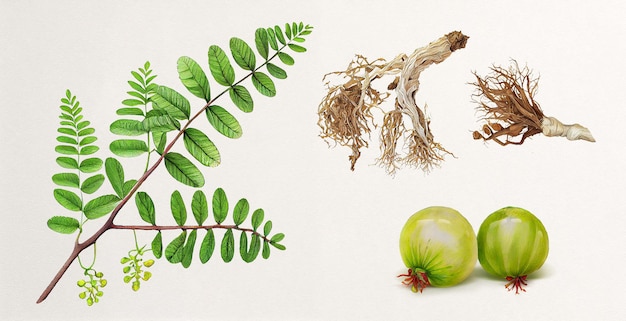 Bhumi Amla (Phyllanthus Amarus). Botanische Illustration auf weißem Papier. Die besten Heilpflanzen