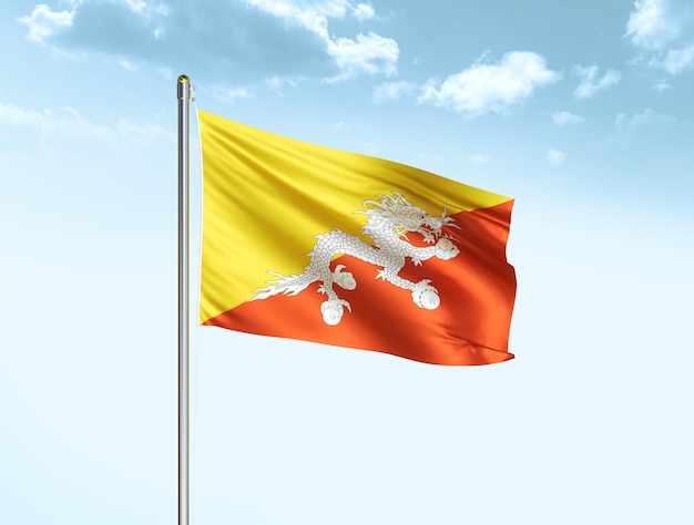 Bhutan Nationalflagge weht im blauen Himmel mit Wolken Bhutan Flagge 3D-Darstellung