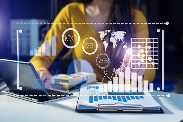 BI de inteligencia y análisis de negocios BA con el concepto de tablero de KPI Diseñador de sitios web que trabaja en una tableta digital, computadora portátil y teléfono inteligentexA