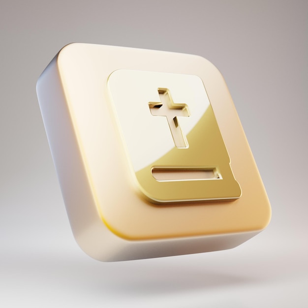 Bibel-Symbol. Goldenes Bibelsymbol auf mattgoldener Platte. 3D-gerendertes Social Media-Symbol.
