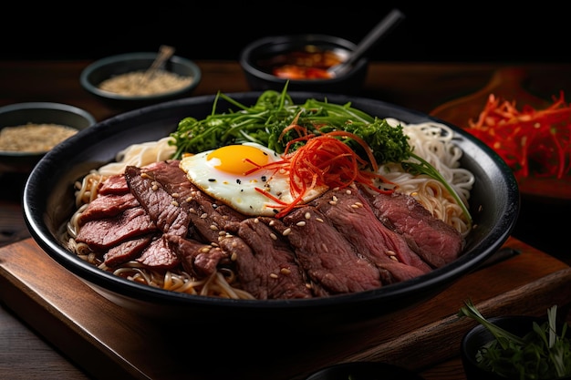 Bibim naengmyeon koreanische kalte Nudeln Ramen mit Rindfleisch als Topping