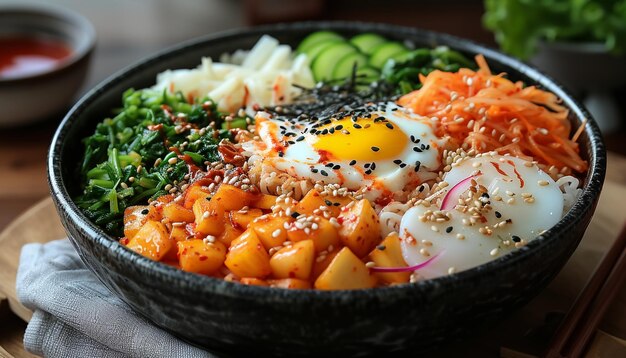 Bibimbap, arroz coreano misturado com carne e vegetais variados