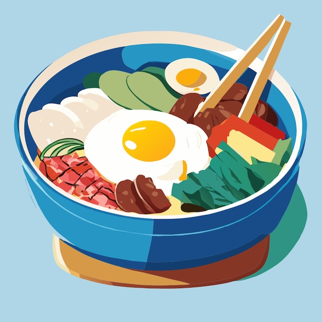 bibimbap arroz vegetais picados marinados carne picante molho e gema de ovo ilustração vetorial
