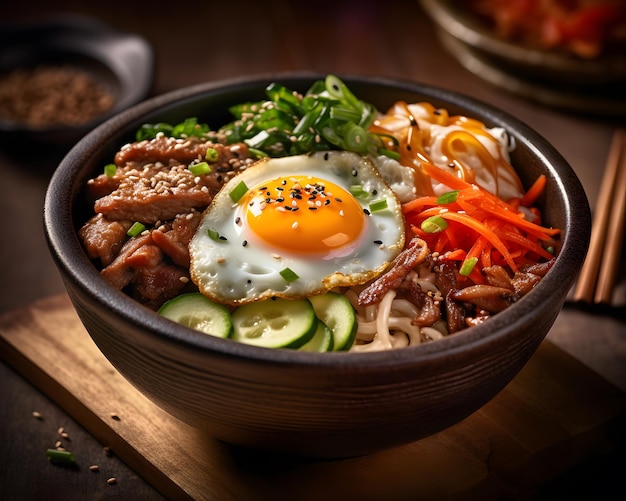 Bibimbap colorido e saboroso com carne e vegetais Generative AI