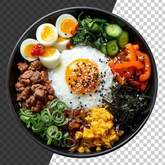 Bibimbap coreano colorido com vegetais variados de carne bovina e ovo frito em fundo transparente png