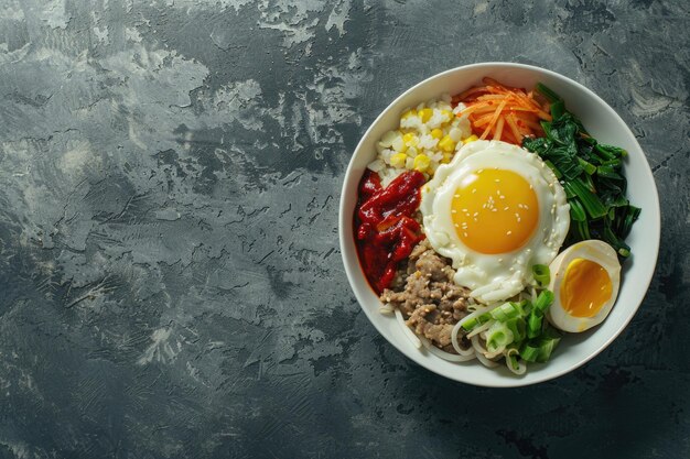 Foto bibimbap en un fondo de hormigón plato tradicional coreano vista de arriba