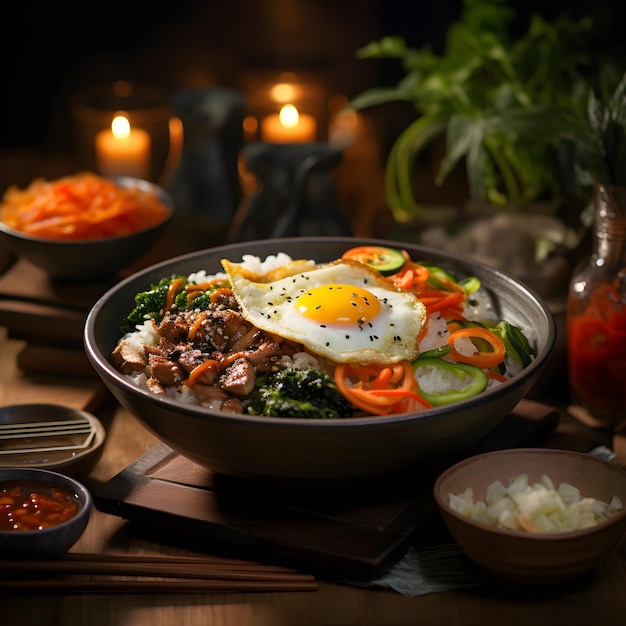 Bibimbap con huevos fritos y verduras sobre una mesa de madera