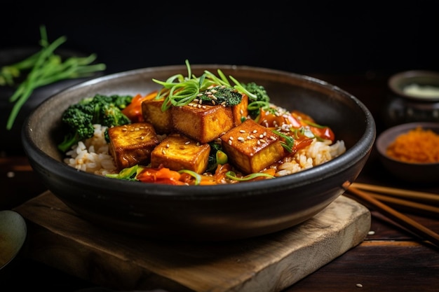 Foto bibimbap vegano com tofu crocante e molho gochujang