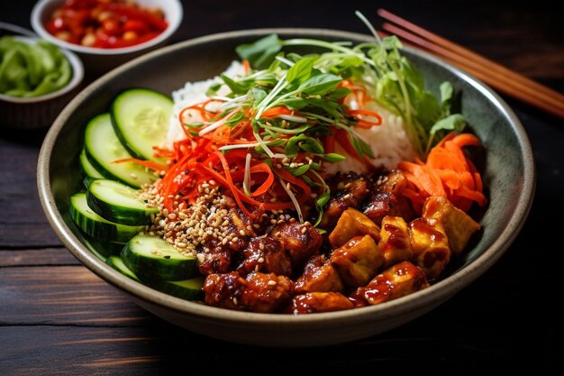 Foto bibimbap vegano com tofu crocante e molho gochujang