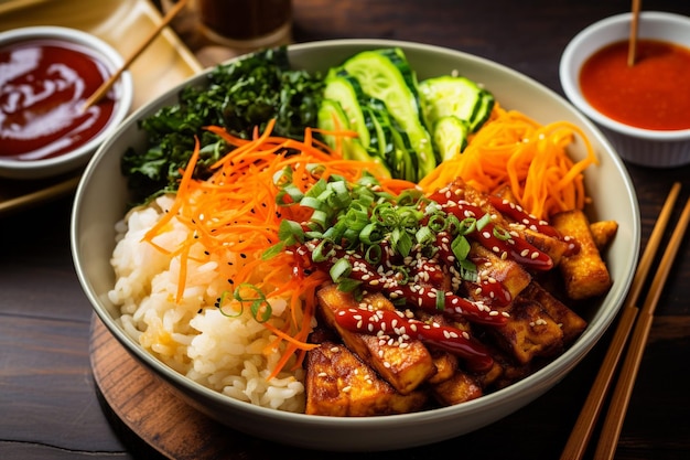 Foto bibimbap vegano com tofu crocante e molho gochujang