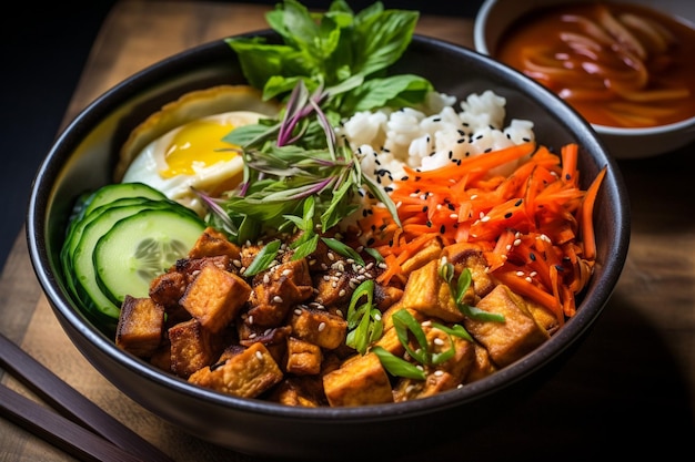 Bibimbap vegano com tofu crocante e molho gochujang