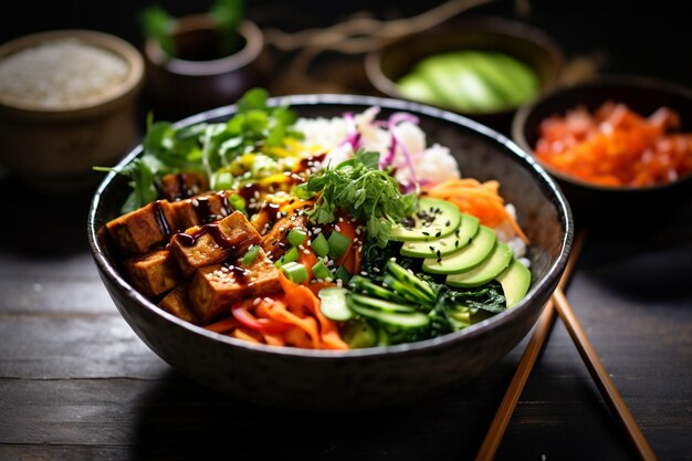 Bibimbap vegano com vegetais mistos e tempeh