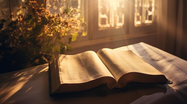 Bíblia aberta banhada na luz solar Iluminação sagrada