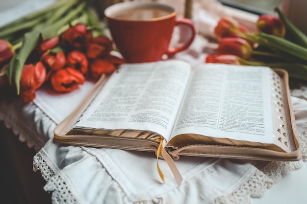 Biblia aberta no interior da manhã em casa