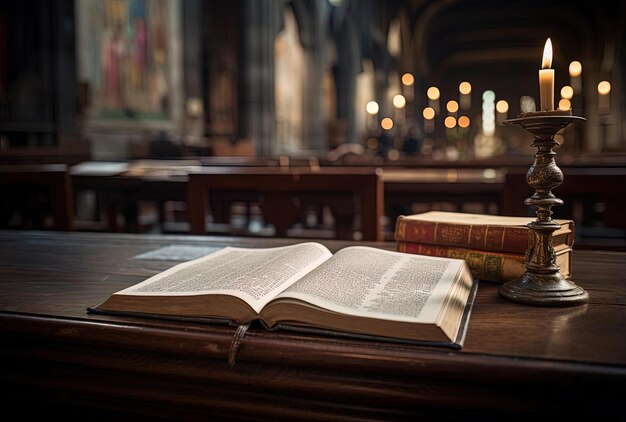 una biblia abierta se coloca en una mesa en una iglesia en el estilo de conjuntos monumentales