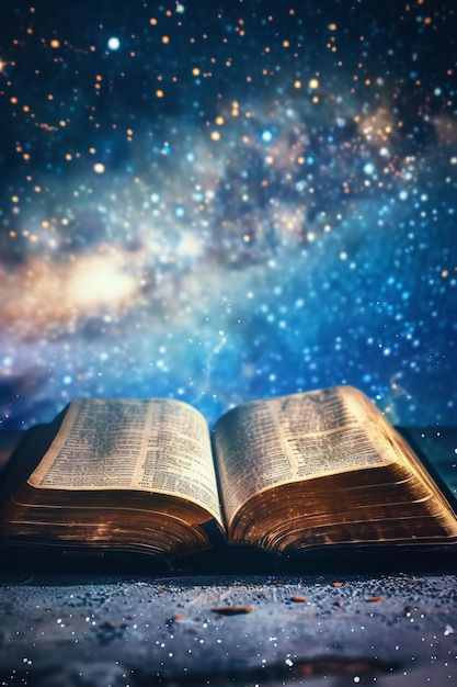 Biblia abierta contra el fondo del cielo cósmico IA generativa