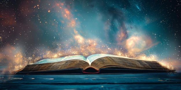 Biblia abierta contra el fondo del cielo cósmico IA generativa