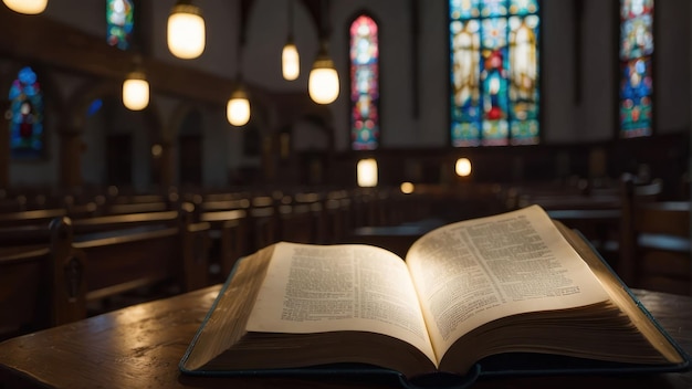 Foto biblia abierta con cruz iluminada en el fondo dentro de la iglesia