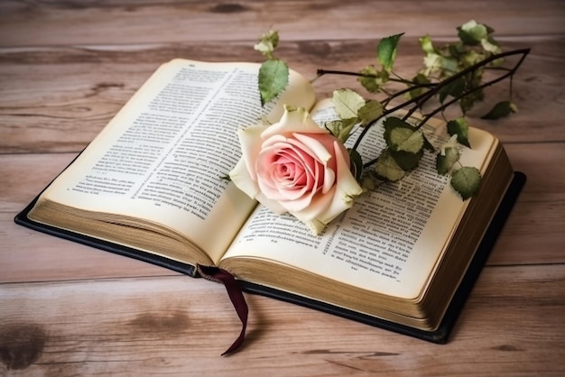 Biblia abierta con flores de rosa en madera ligera creada con herramientas de IA generativas