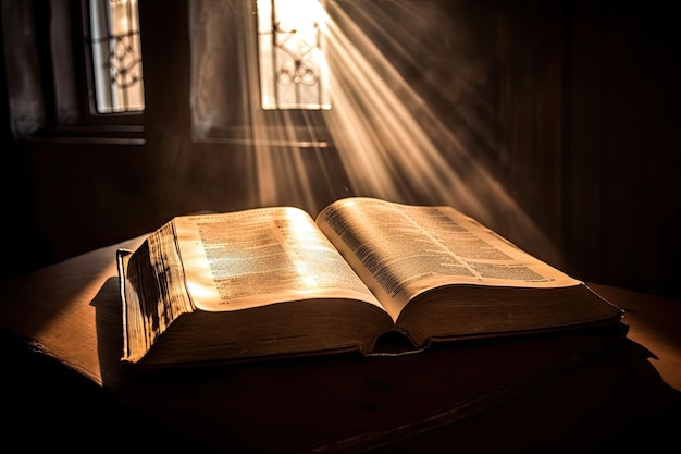 Biblia abierta con la luz del sol cayendo sobre ella