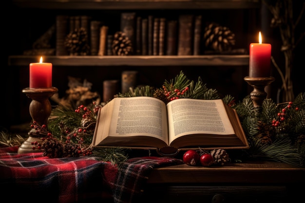 Una Biblia abierta en una mesa de madera iluminada por la luz de las velas revela la historia de Navidad en medio
