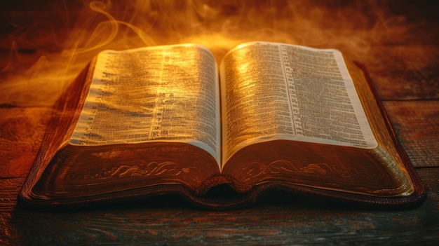 Foto biblia abierta con páginas doradas en una mesa de madera con un fondo humeante