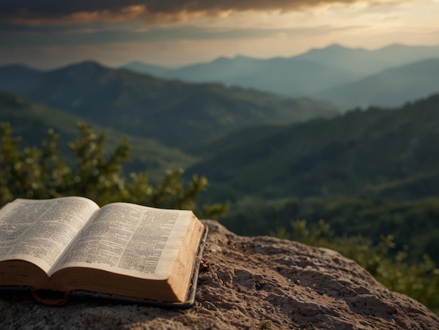 una biblia abierta se sienta en una roca con una puesta de sol en el fondo