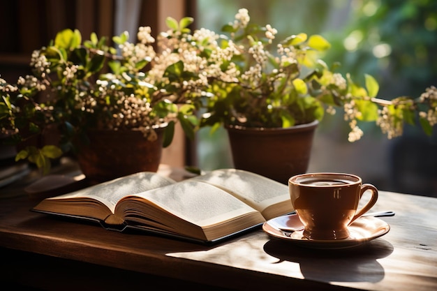 Biblia abierta con una taza de café para devoti matutino