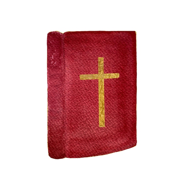 Biblia con acuarela de cruz dorada de alta calidad dibujado a mano libro rojo aislado en blanco Ilustración