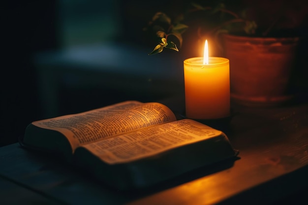 Biblia iluminada con la luz de las velas