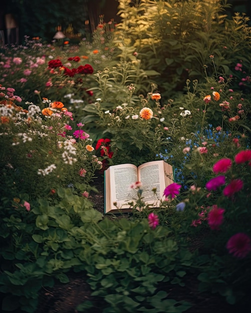 Biblia en medio de un jardín lleno de flores creada con tecnología de IA Generativa