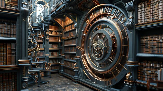 Una biblioteca Aampunk con un gran reloj