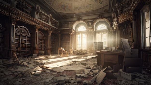 Biblioteca abandonada com livros empoeirados