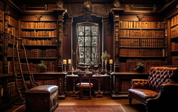 Foto biblioteca adornada con filas de libros antiguos encuadernados en cuero.