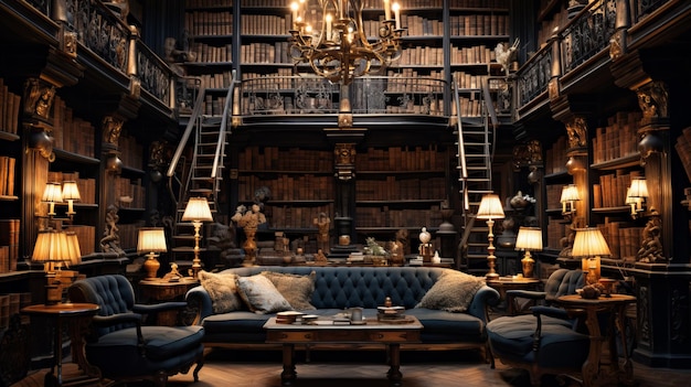 Biblioteca adornada con muebles de terciopelo azul