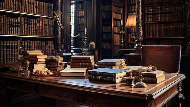 Biblioteca antigua con libros en una mesa de madera