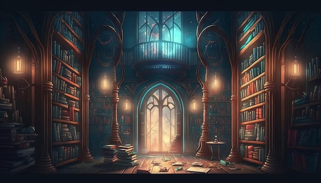 Biblioteca antigua y mágica. IA generativa.