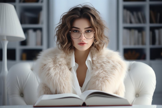 La biblioteca atrae a una chica con gafas que irradia un encanto intelectual que se sumerge en las páginas y encuentra consuelo en la sabiduría de los libros.