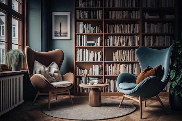 Biblioteca casera escandinava con cómodos sillones y estanterías