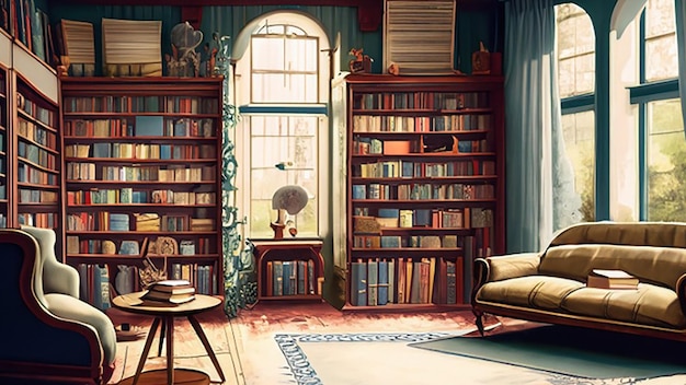 Biblioteca casera de inspiración vintage con estanterías y un acogedor rincón de lectura