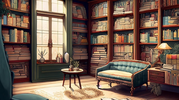 Biblioteca casera de inspiración vintage con estanterías y un acogedor rincón de lectura