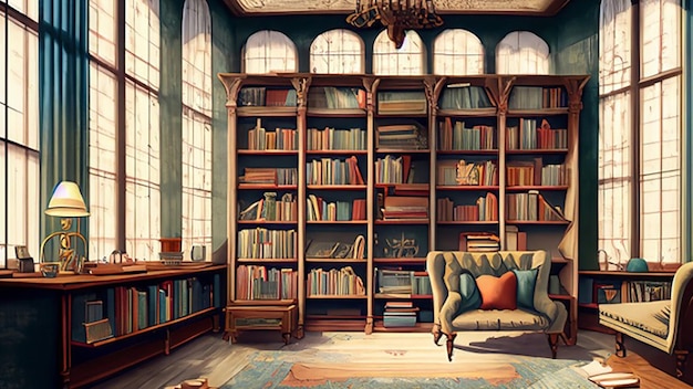 Biblioteca casera de inspiración vintage con estanterías y un acogedor rincón de lectura