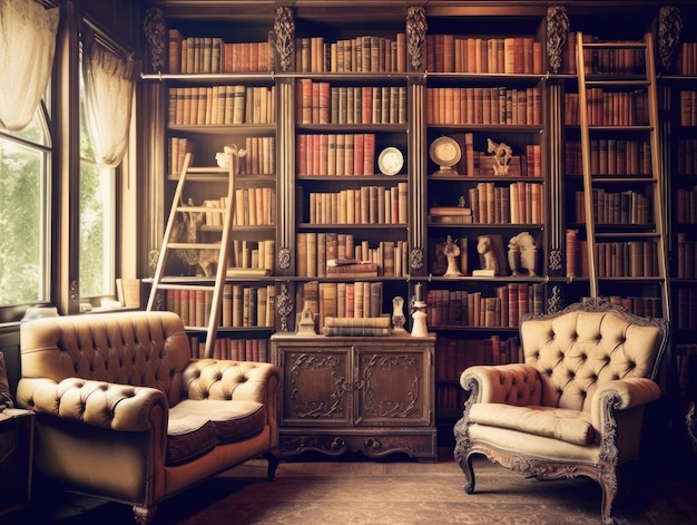 Biblioteca casera Vintage Elegance con estanterías antiguas y muebles antiguos